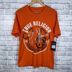 True Religion Buddha Guitar Foil Graphic Tee Shirt Papaya Orange Men’s M NWT
